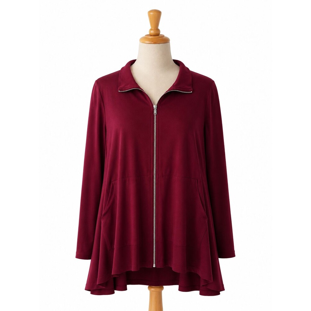 Sun Kim Zip Front Jacket Size 1x Maroon Red High Low Hem Pockets Artsy Classic